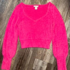 Pink Fuzzy Cropped V-Neck Sweater- Women's Medium- Sincerely Jules